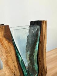 Glasvase mit Holz V-Form 40 cm