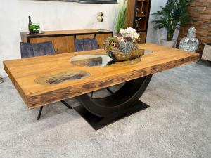 Massiver Teakholztisch mit Halbmond Stahlfuss 250cm