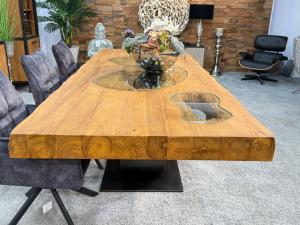 Massiver Teakholztisch mit Halbmond Stahlfuss 250cm