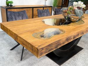 Massiver Teakholztisch mit Halbmond Stahlfuss 250cm