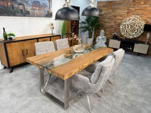 Massivholztisch / Esstisch mit Baumkante "Old Elements" ca. 180 x 90 x 78 cm mit Glaseinlage Baumkantentisch aus Altholz
