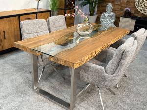 Massivholztisch / Esstisch mit Baumkante "Old Elements" ca. 180 x 90 x 78 cm mit Glaseinlage
