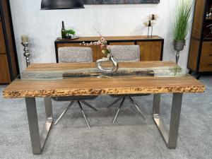 Massivholztisch / Esstisch mit Baumkante "Old Elements" ca. 180 x 90 x 78 cm mit Glaseinlage Baumkantentisch aus Altholz