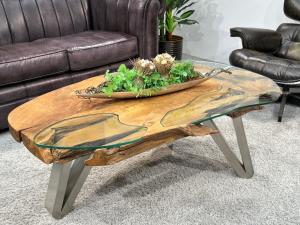 Couchtisch "Lakeside" ca. 123 x 75 x 45 cm aus Teakholz mit Glaseinlage und Edelstahlgestell