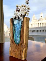 Glasvase mit Holz V-Form 40 cm