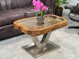 Antiker Couchtisch "Lesung", ca. 80 x 55-58 x 50 cm, aus einem Reismörser