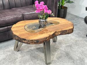 Design-Couchtisch "Atoll", ca. 94 x 53-68 x 46 cm, aus recyceltem Holz