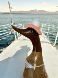 Ente aus Holz im Bikini rosa weiss handgefertigt