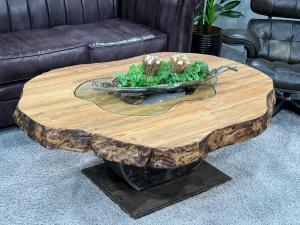 Organisch ovaler Couchtisch Fusion Holz Altholz Stahl rustikal