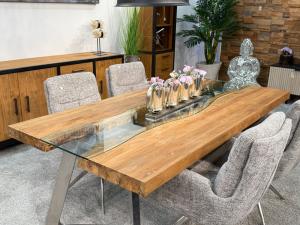 Massivholz Esszimmertisch Elements Freestyle (ca. 200 x 100 x 78 cm) Massivholz Esstisch Elements 200 cm Teakholz mit Glaseinlage