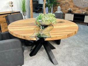 SONDERANGEBOT: Runder Esstisch "Eternia", ca. 160 x 79 cm, aus recyceltem Holz mit Edelstahlgestell und Glaseinlage