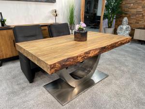 Massiver Esstisch "Deep Island", ca. 160 x 94 x 77,5 cm, für 6 Personen, mit Edelstahlgestell und Glaseinlagen