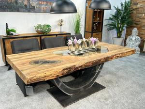 Design Massivholztisch "Deep Island" ca. 219 x 100-103 x 79 cm aus recyceltem Altholz mit Rohstahlgestell und Glaseinlage