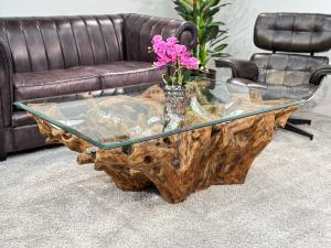 Baumwurzel Couchtisch "Root" aus Teakholz ca. 130 x 90 x 46,5 cm Applikationen aus Aluminium und Glasplatte Baumwurzel Couchtisch Root aus Teakholz