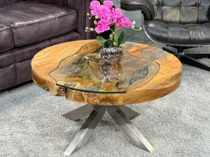 Runder Couchtisch (Durchm. 80 cm / Höhe 44 cm) "Sunrise", mit 8 cm massiver Tischplatte