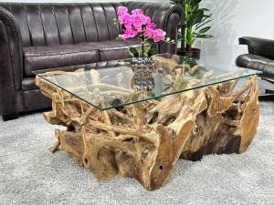 Massiver Wohnzimmertisch"ROOTS" aus einer Baumwurzel, 100 x 80 x 46 cm, mit Glasplatte