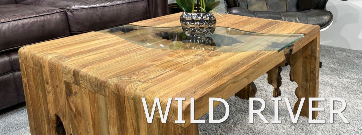 Handgefertigter Massivholztisch aus Altholz mit Glasdetail - Wild River