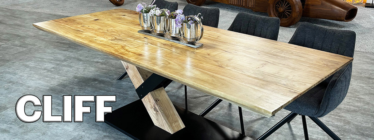 Esszimmertisch CLIFF aus Akazie mit Eiche-Finish und Schweizer Kante